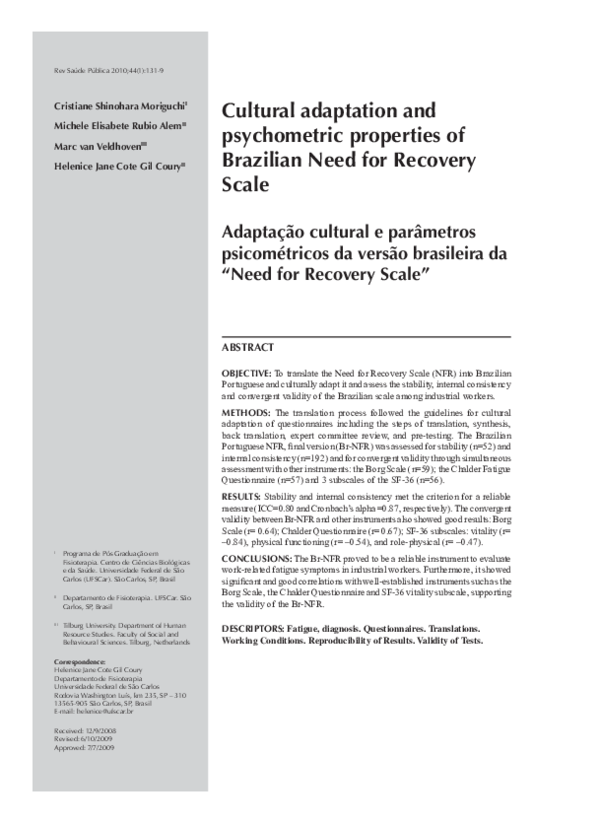 (PDF) Cultural adaptation and psychometric properties of Brazilian Need ...