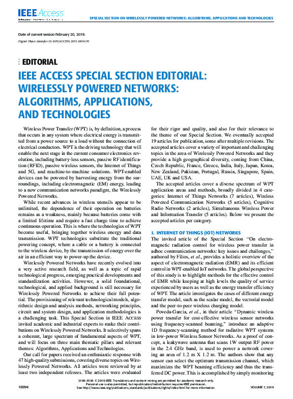 (PDF) IEEE Access Special Section Editorial: Wirelessly Powered ...