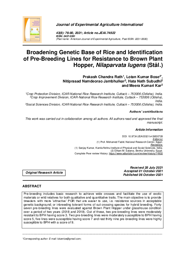 (PDF) Broadening Genetic Base of Rice and Identification of Pre ...