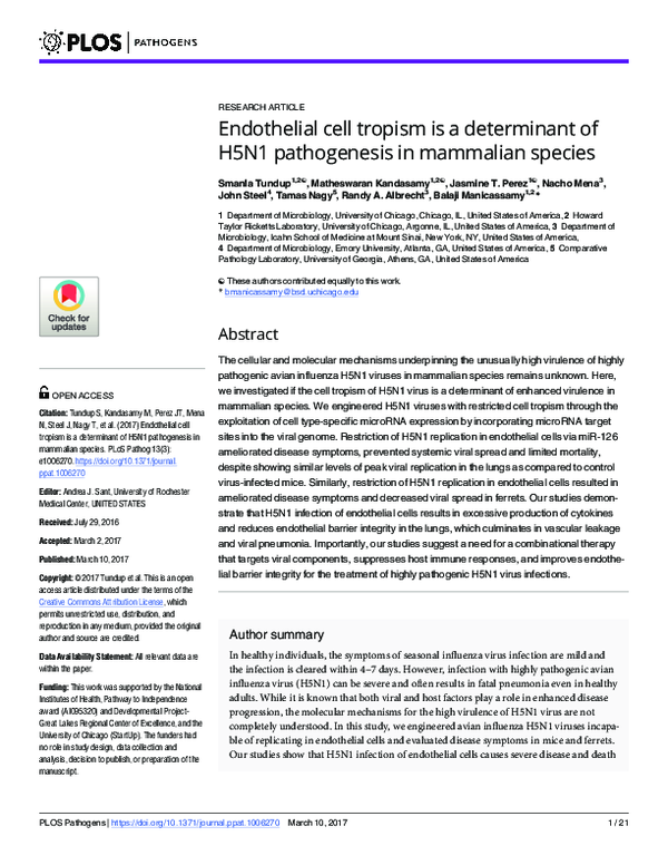 (PDF) Endothelial cell tropism is a determinant of H5N1 pathogenesis in ...