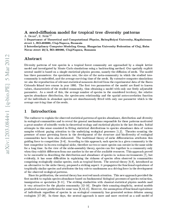 (PDF) A seed-diffusion model for tropical tree diversity patterns