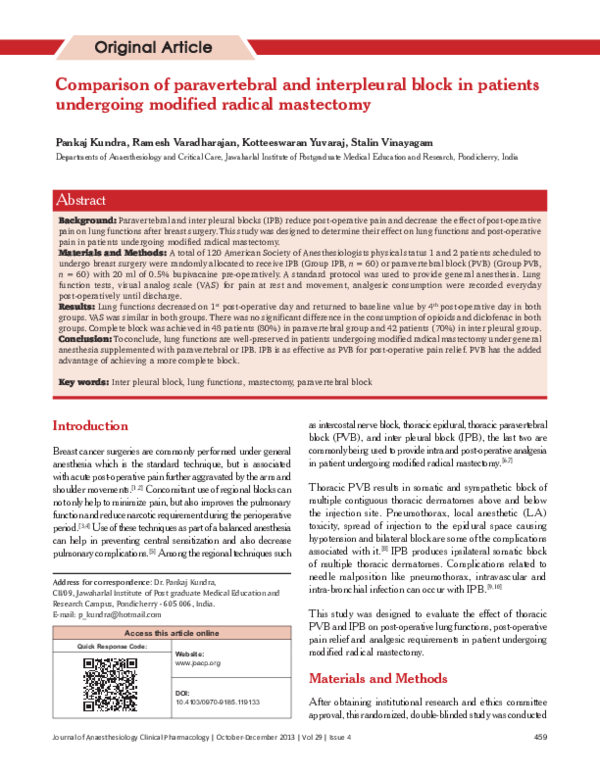 (PDF) Comparison of paravertebral and interpleural block in patients ...
