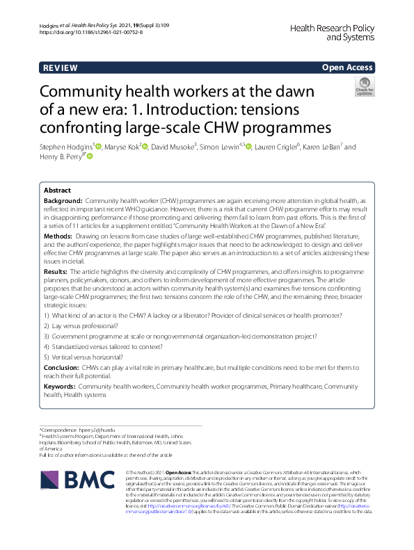 (PDF) Community health workers at the dawn of a new era: 1 ...