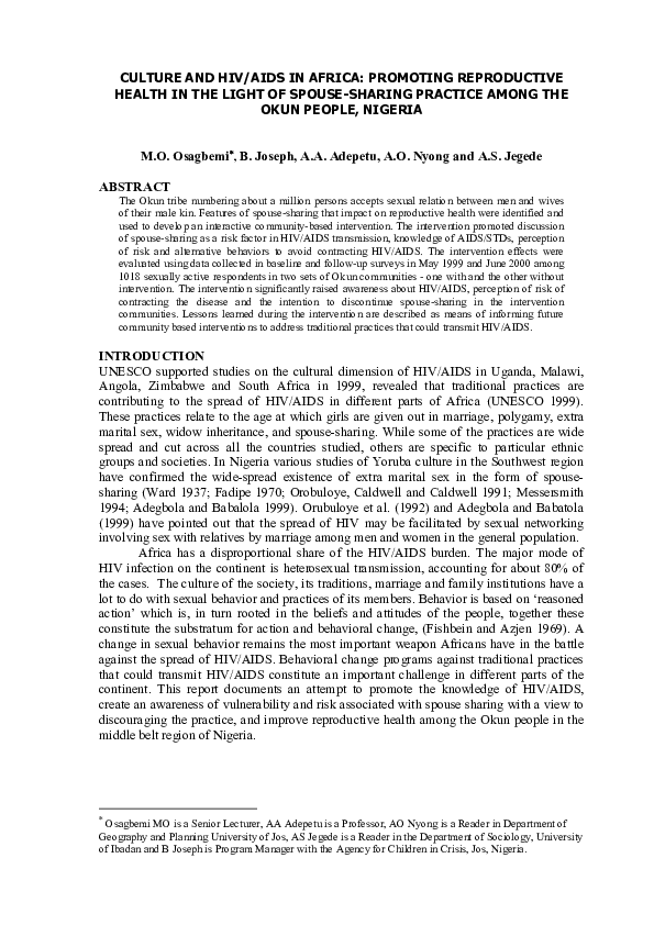 (PDF) Culture and HIV/AIDS in Africa: Promoting Reproductive Health in ...