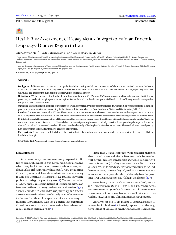 (PDF) Health Risk Assessment of Heavy Metals in Vegetables in an ...