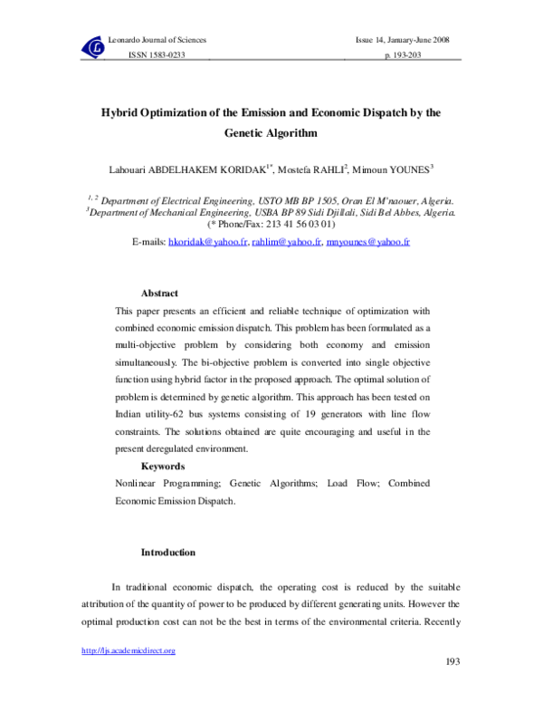 (PDF) Hybrid Optimization of the Emission and Economic Dispatch by the ...
