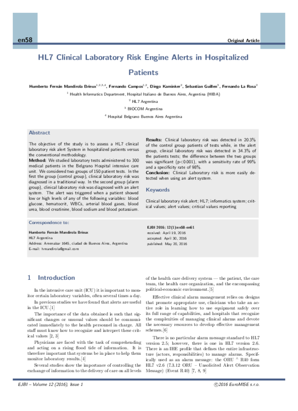 (PDF) HL7 Clinical Laboratory Risk Engine Alerts in Hospitalized Patients