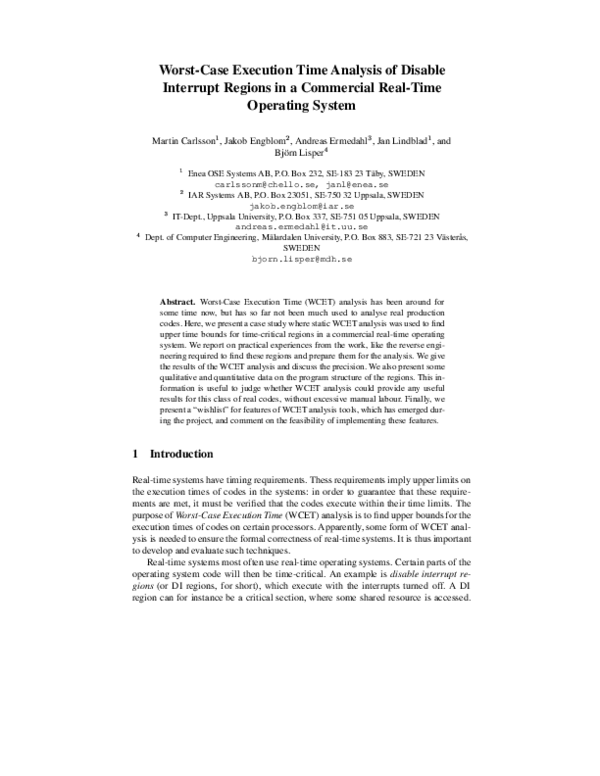(PDF) Worst-case execution time analysis of disable interrupt regions ...