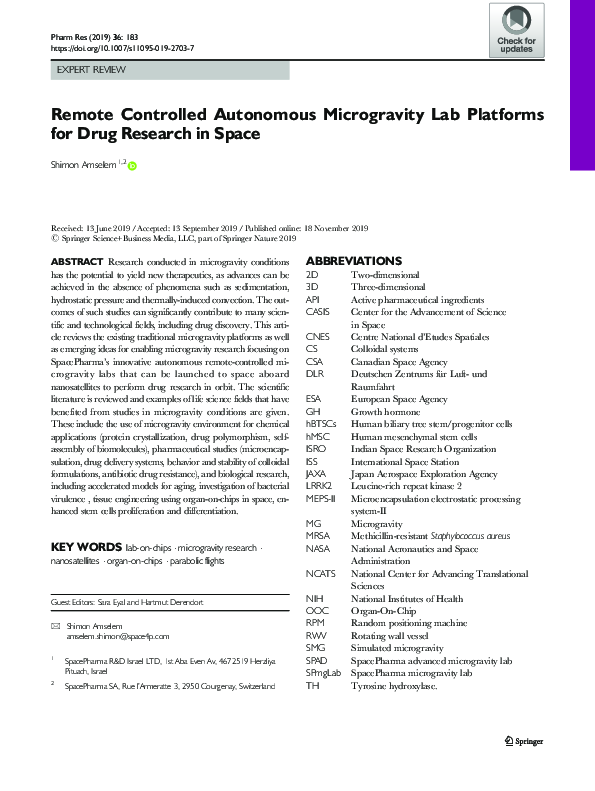 (PDF) Remote Controlled Autonomous Microgravity Lab Platforms for Drug ...