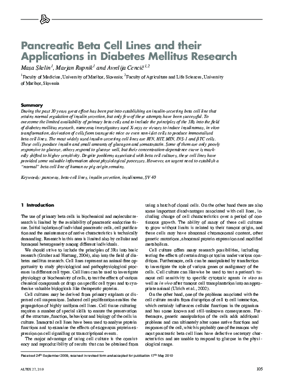 (PDF) Pancreatic beta cell lines and their applications in diabetes ...