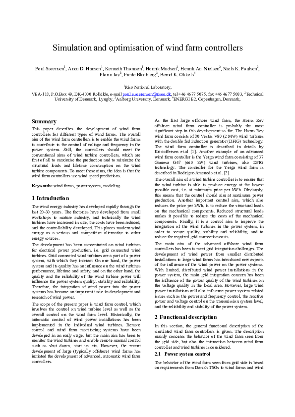 (PDF) Simulation and optimization of wind farm controller