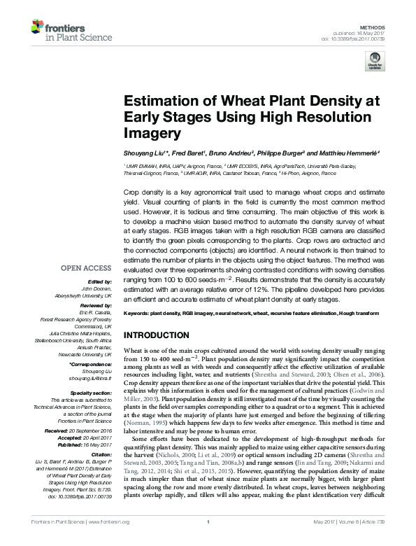 (PDF) Estimation of Wheat Plant Density at Early Stages Using High ...