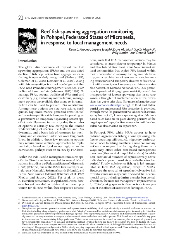 (PDF) Reef fish spawning aggregation monitoring in Pohnpei, Federated ...