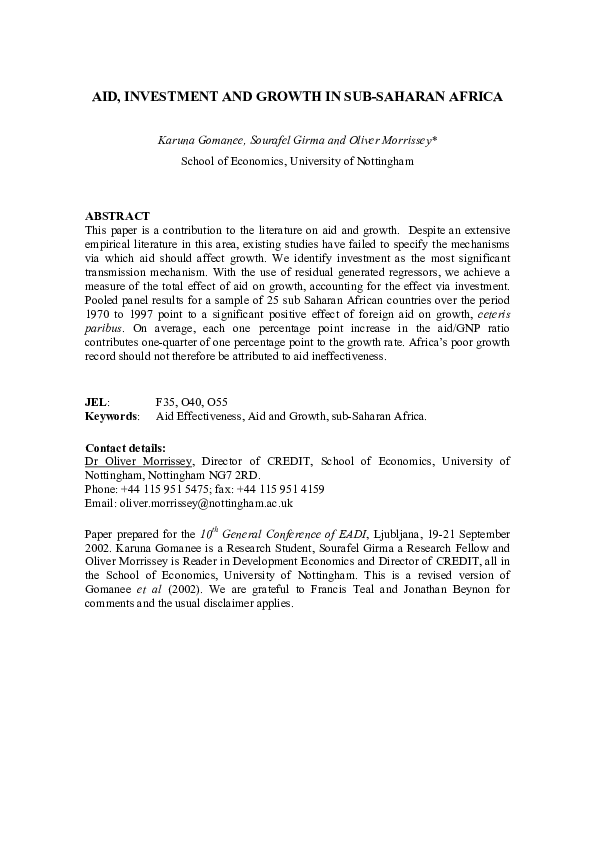 (PDF) Aid, investment and growth in sub-Saharan Africa