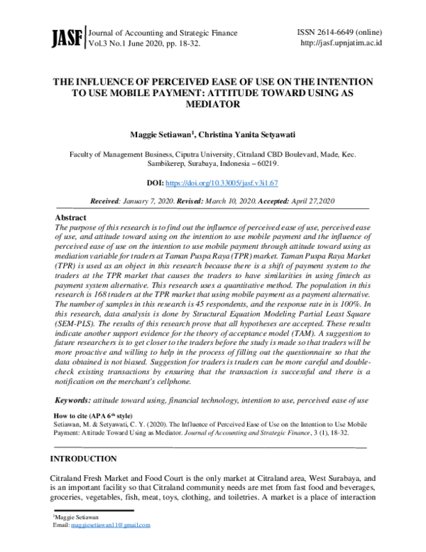 (PDF) The Influence of Perceived Ease of Use on the Intention to Use ...