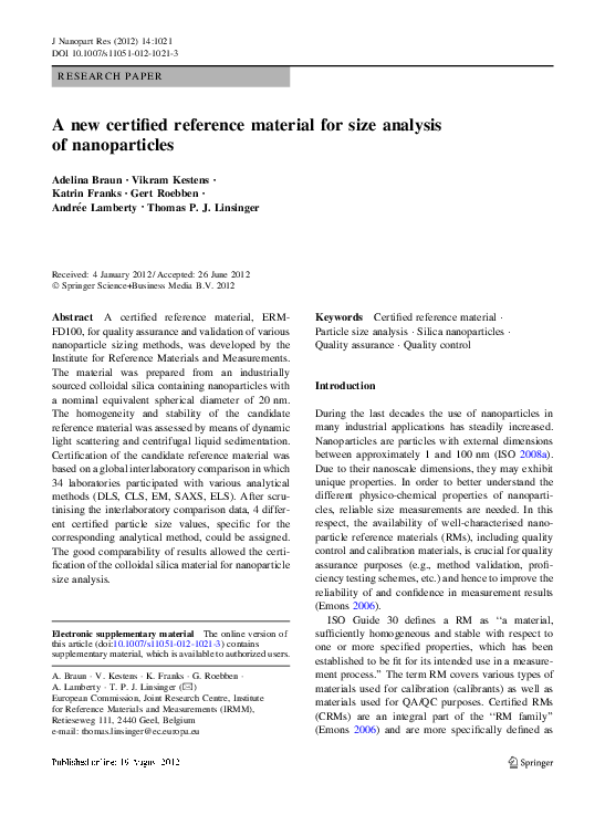 (PDF) A new certified reference material for size analysis of nanoparticles