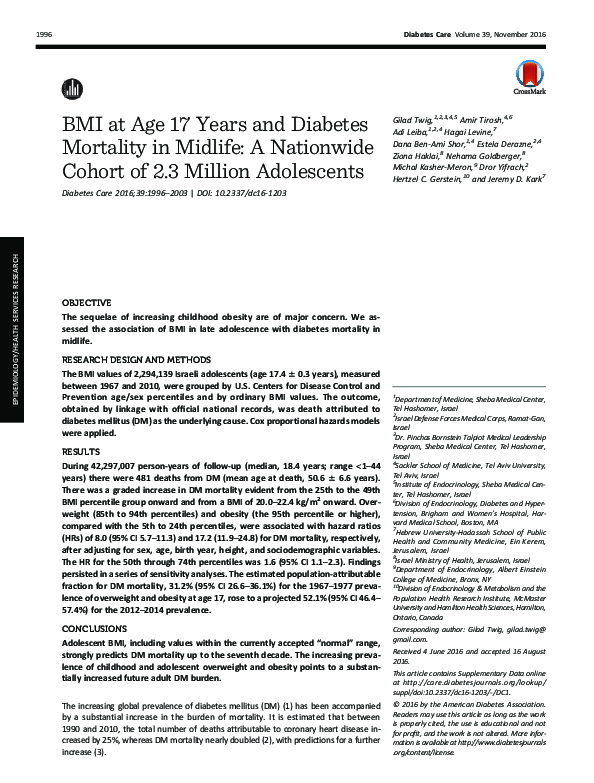 (PDF) Body Mass Index at Age 17 and Diabetes Mortality in Midlife: A ...