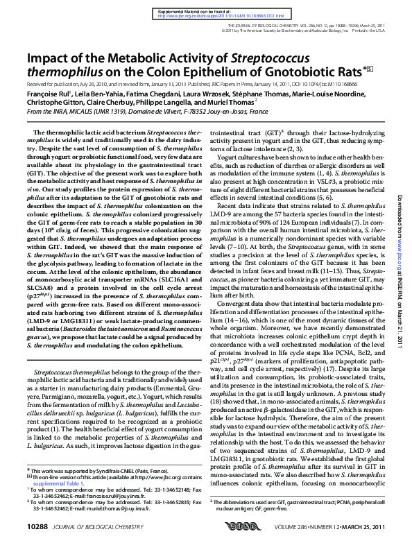 (PDF) Impact of the Metabolic Activity of Streptococcus thermophilus on ...