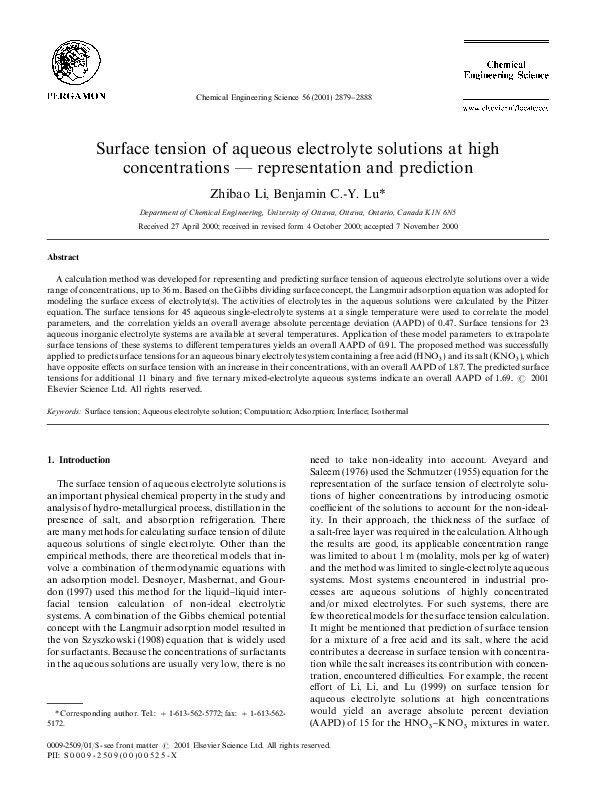 (PDF) Surface tension of aqueous electrolyte solutions at high ...