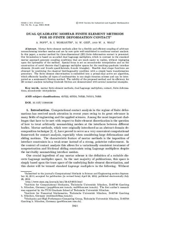 (PDF) Dual Quadratic Mortar Finite Element Methods for 3D Finite ...