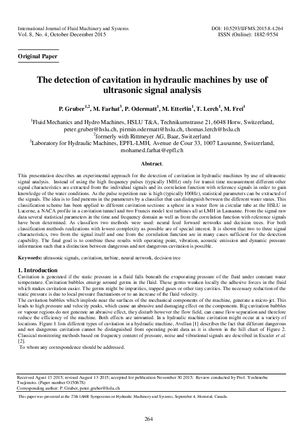 (PDF) The detection of cavitation in hydraulic machines by use of ...