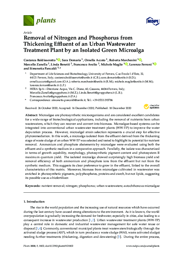 (PDF) Removal of Nitrogen and Phosphorus from Thickening Effluent of an ...