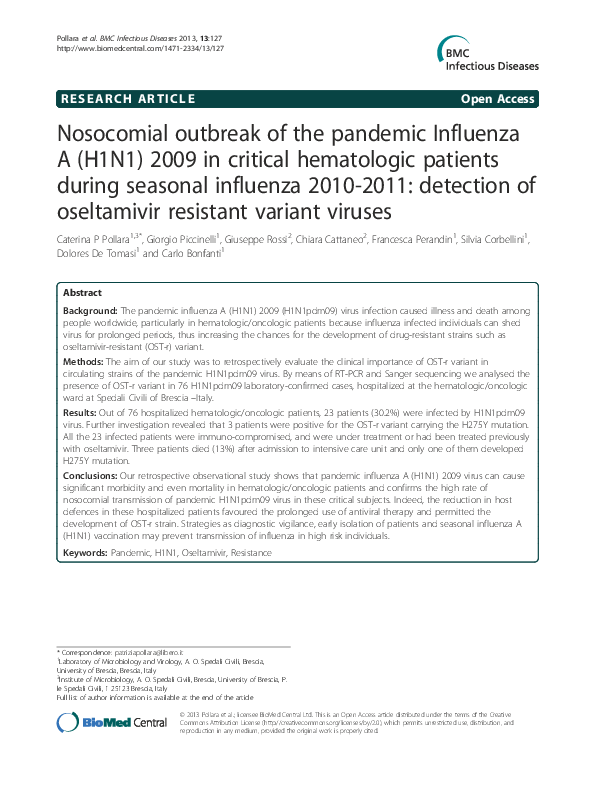(PDF) Nosocomial outbreak of the pandemic Influenza A (H1N1) 2009 in ...