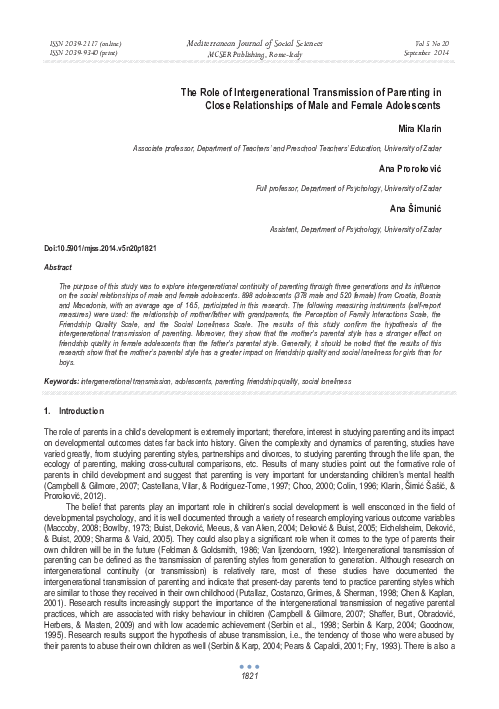 (PDF) The Role of Intergenerational Transmission of Parenting in Close ...