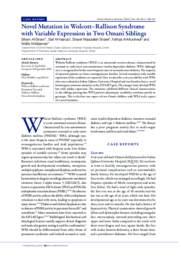 (PDF) Novel Mutation in Wolcott–Rallison Syndrome with Variable ...