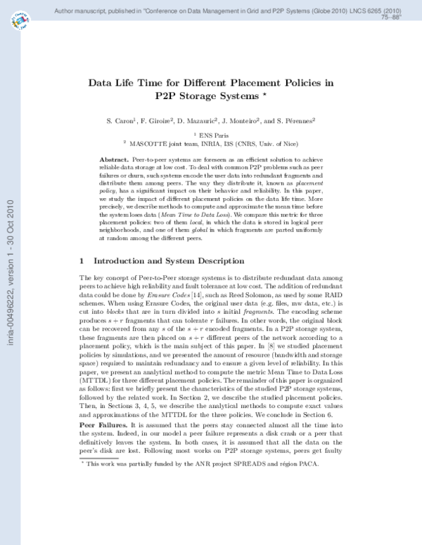 (PDF) P2P Storage Systems: Data Life Time for Different Placement ...