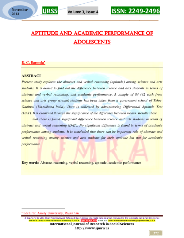 (PDF) Aptitude and Academic Performance of Adolescents