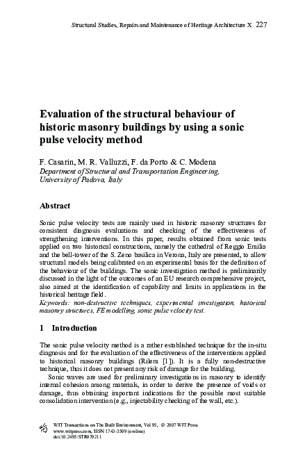 (PDF) Evaluation of the structural behaviour of historic masonry ...