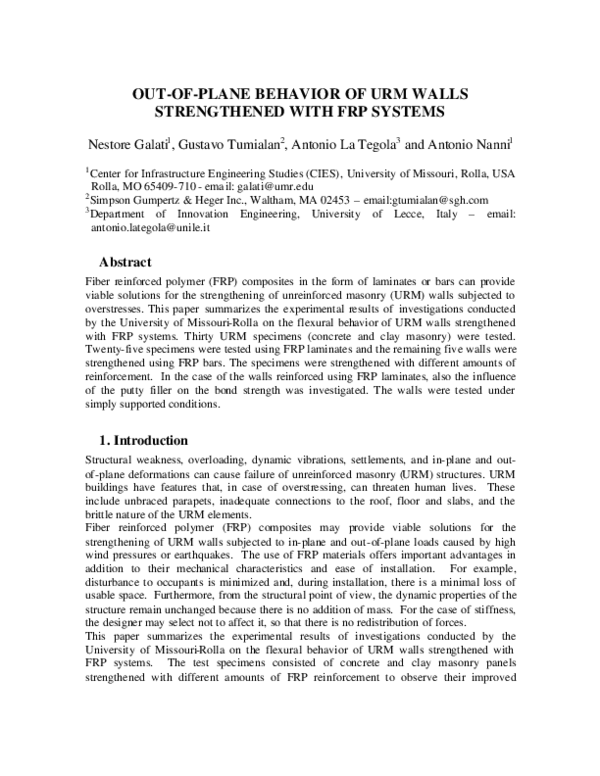 (PDF) Out-of-Plane Behavior of URM Walls Strengthened with Fabric ...