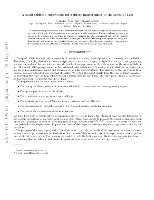 (PDF) A tabletop experiment for the direct measurement of the speed of