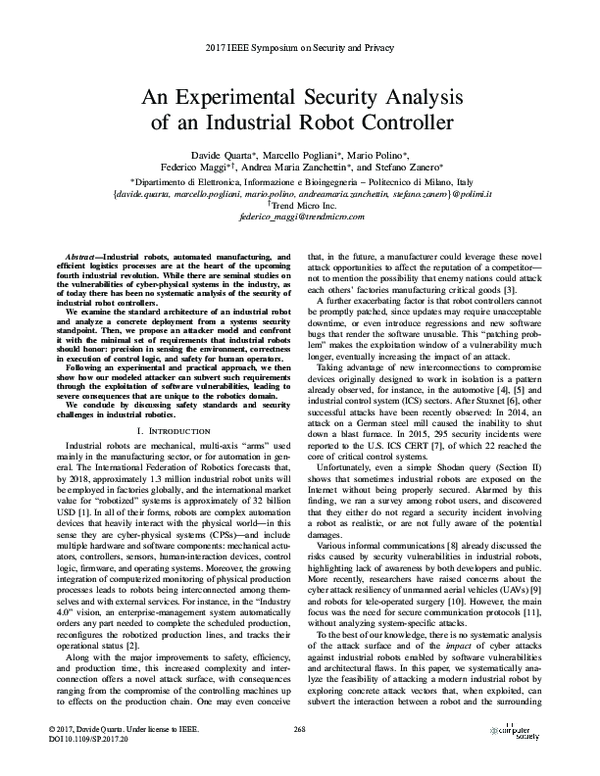 (PDF) An Experimental Security Analysis of an Industrial Robot Controller