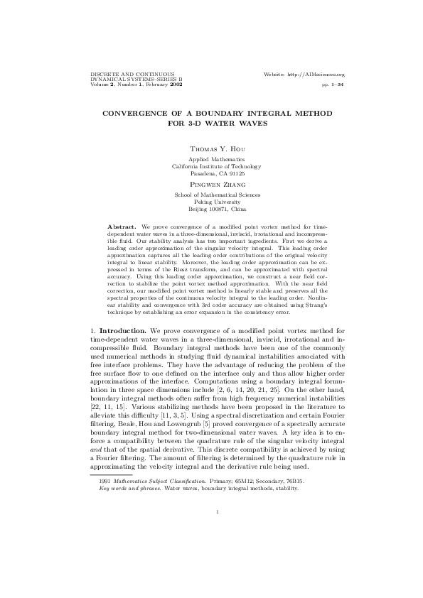 (PDF) Convergence of a boundary integral method for 3-D water waves