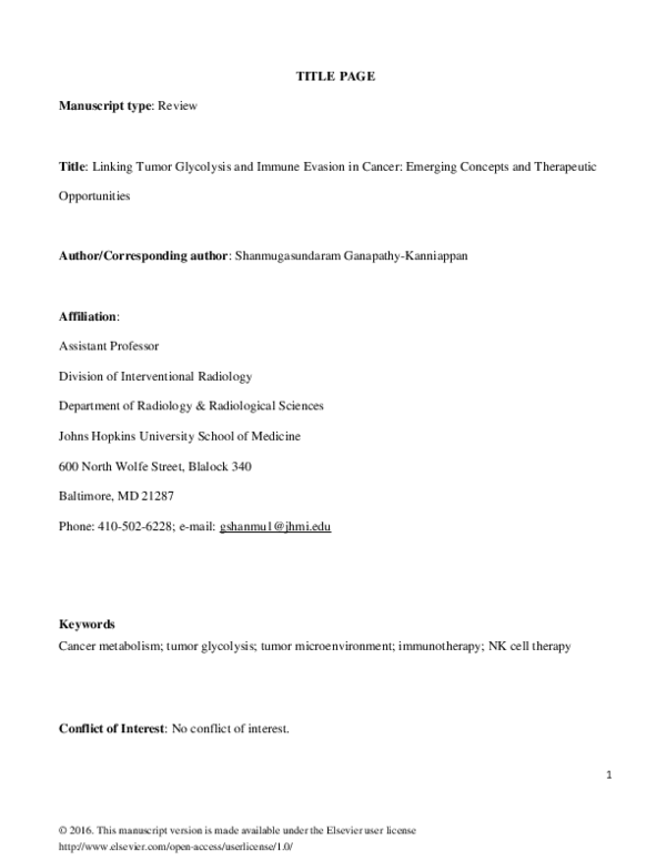 (PDF) Linking Tumor Glycolysis and Immune Evasion in Cancer: Emerging ...
