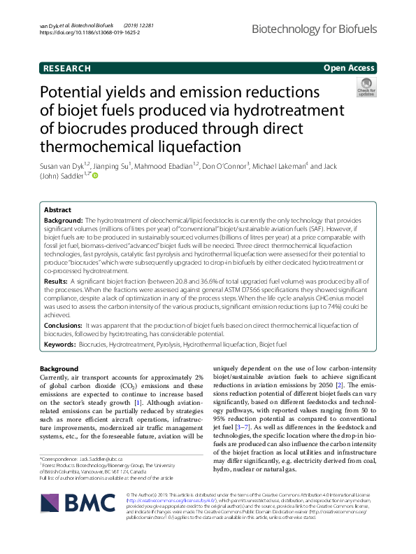 (PDF) Potential yields and emission reductions of biojet fuels produced ...
