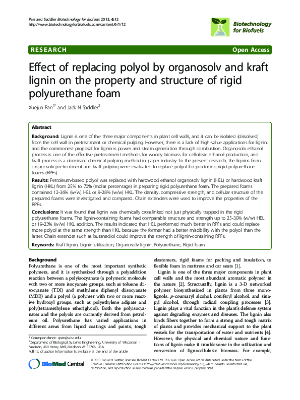 (PDF) Effect of replacing polyol by organosolv and kraft lignin on the ...