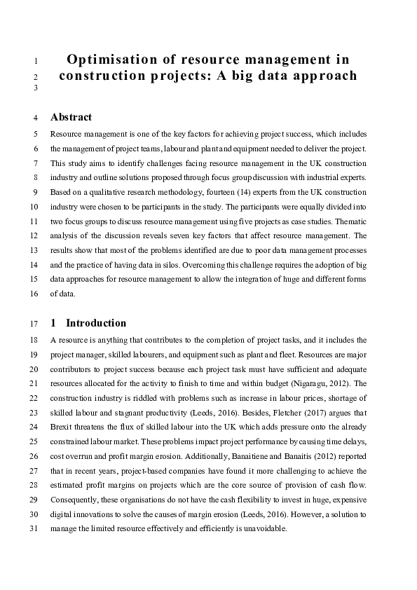 (PDF) Optimisation of resource management in construction projects: a ...