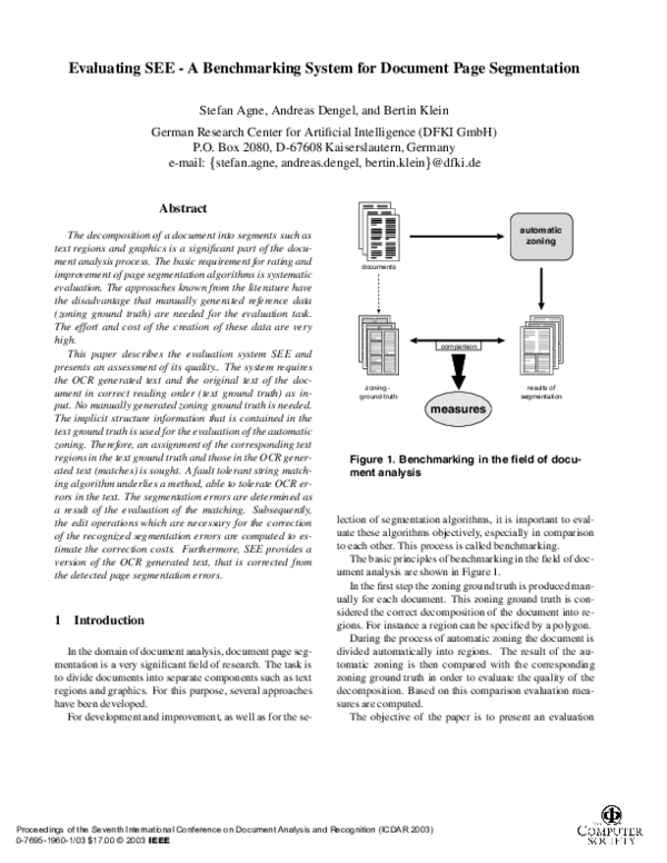 (PDF) Evaluating SEE: a benchmarking system for document page segmentation