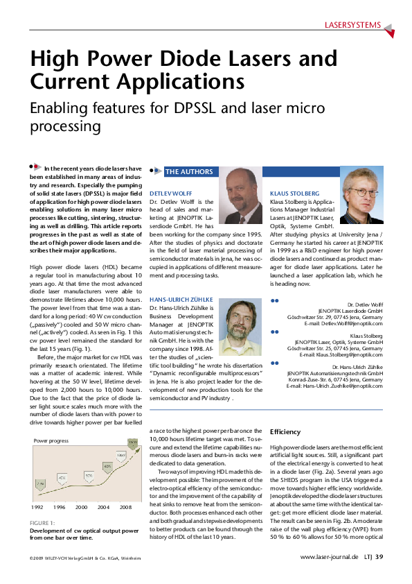 (PDF) High Power Diode Lasers and Current Applications