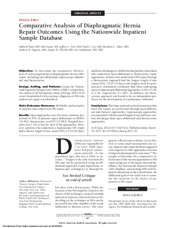 (PDF) Comparative Analysis of Diaphragmatic Hernia Repair Outcomes ...