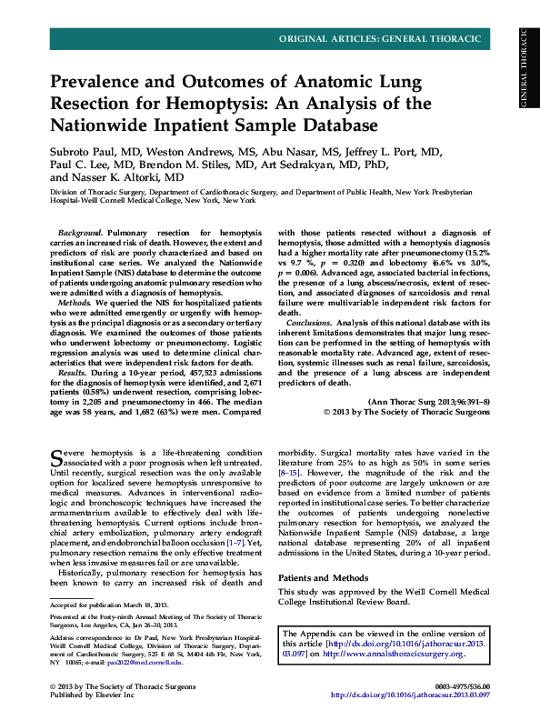(PDF) Prevalence and of Anatomic Lung Resection for Hemoptysis