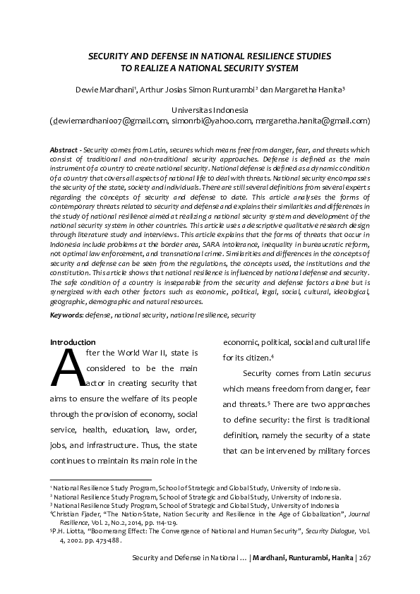 (PDF) Security and Defense in National Resilience Studies to Realize a ...