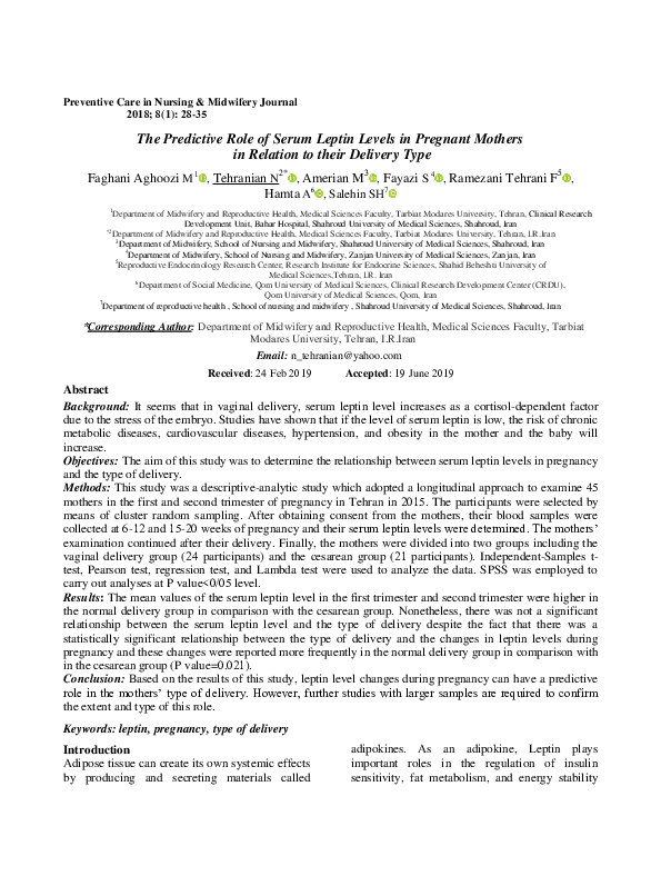 (PDF) The Predictive Role of Serum Leptin Levels in Pregnant Mothers in ...