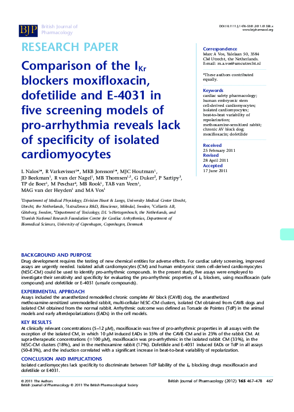 (PDF) Comparison of the IKr blockers moxifloxacin, dofetilide and E ...