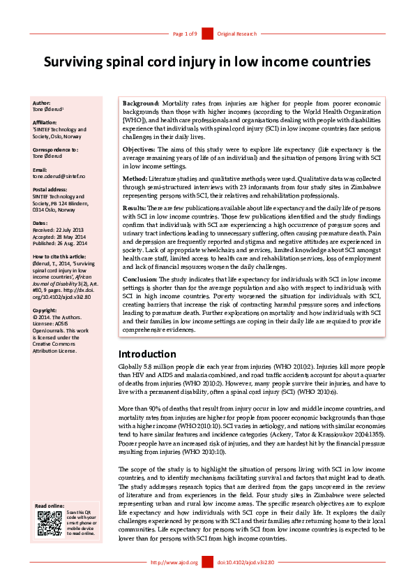 (PDF) Surviving spinal cord injury in low income countries : original ...