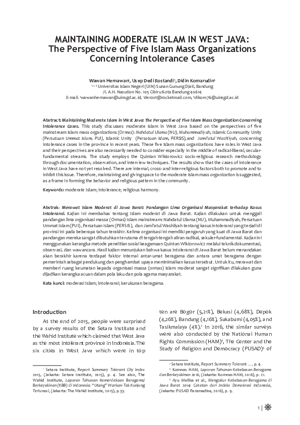 (PDF) Maintaining Moderate Islam in West Java: The Perspectives of Five ...