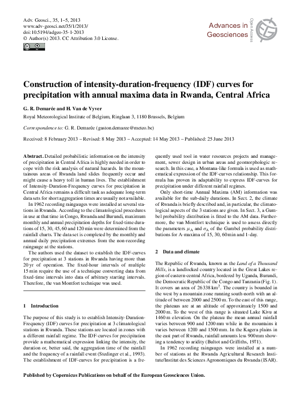 (PDF) Construction of intensity-duration-frequency (IDF) curves for ...